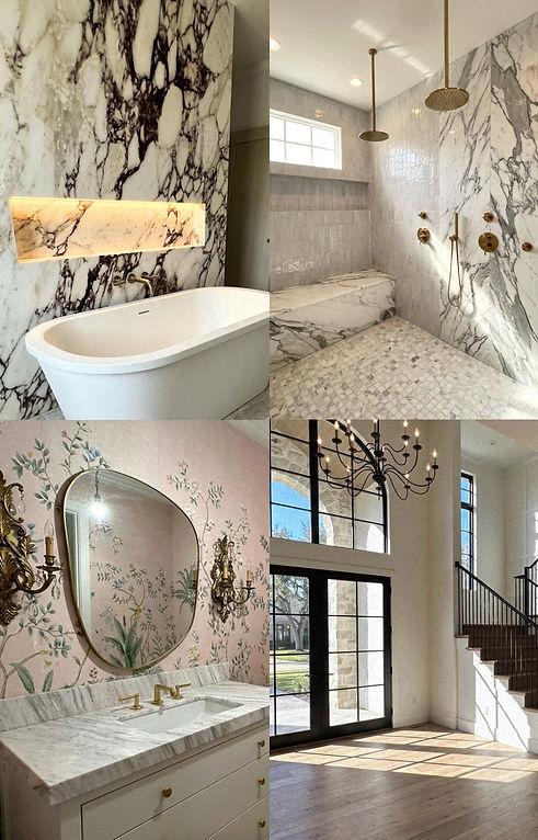 Luxury home renovation projects gallery in Houston featuring Viola marble bathroom slab wall, a custom walk-in shower with brass fixtures, a freestanding soaking tub, a entry foyer and staircase with iron railing, and a custom vanity with stone countertop.