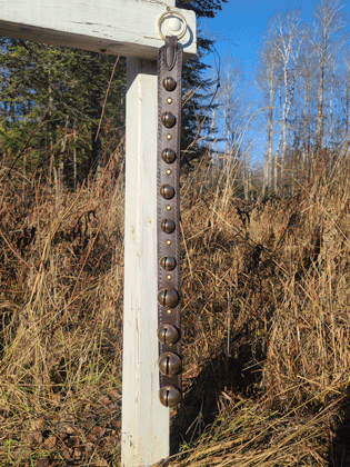 door hanger sleigh bell strap with stamped border and brass spots and ring