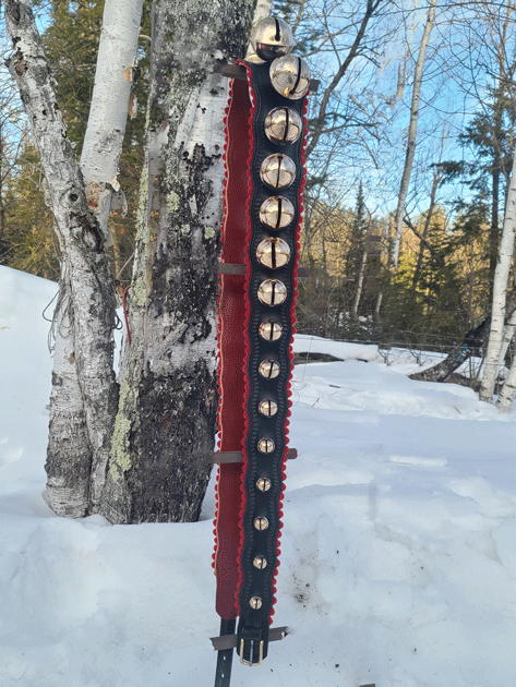 artisan made wide, wavy leather strap, stamped border and red felt