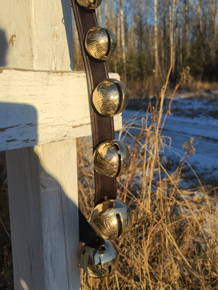 brass sleigh bells on brown leather strap