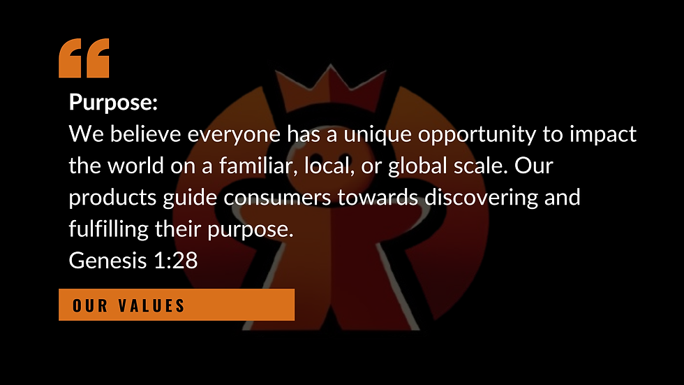 Generation 128 values graphic highlighting ‘Purpose,’ with text explaining a belief in everyone’s opportunity to impact the world and referencing Genesis 1:28, displayed over a dark background with the Genwiz crown logo.
