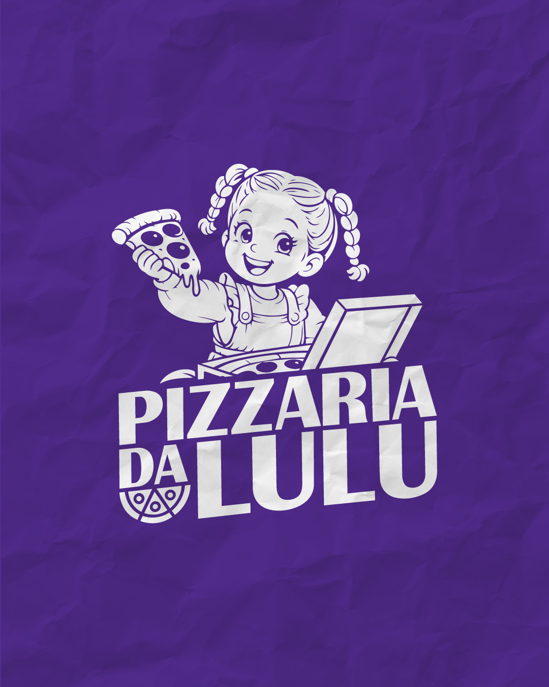 Identidade visual roxa e branca da Pizzaria da Lulu