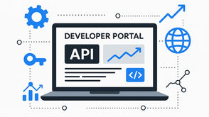 Laptop displaying "Developer Portal" with API icons. Blue gears, charts, and key symbols surround it on a white background.