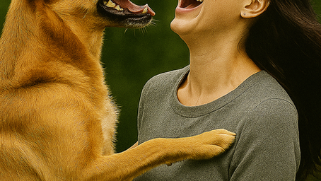 un chien saute sur une femme