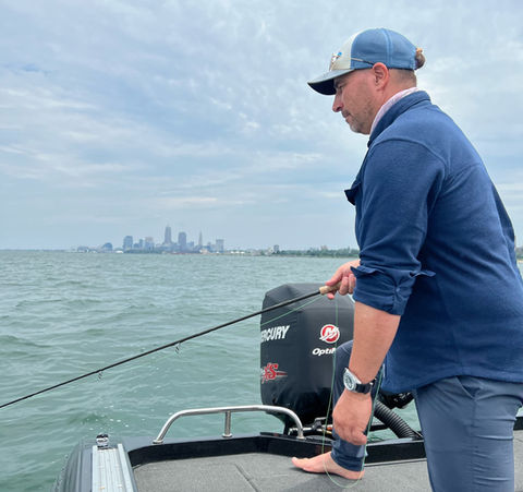 Riverhorse Nakadate fly fishing on Lake Erie off Cleveland Ohio.
