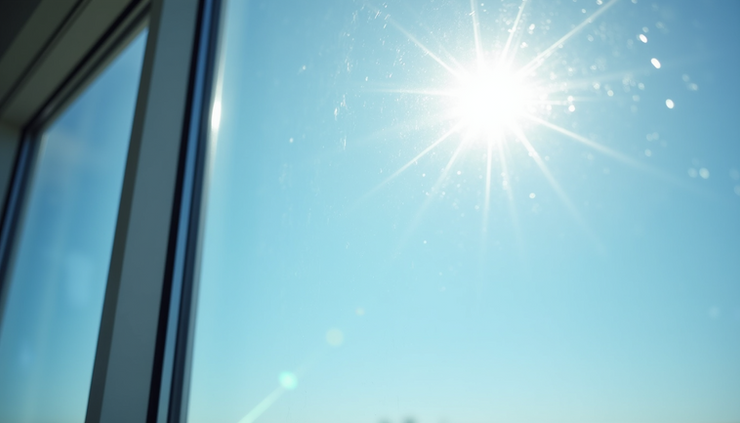 Eye-level view of a sparkling clean window reflecting a clear blue sky