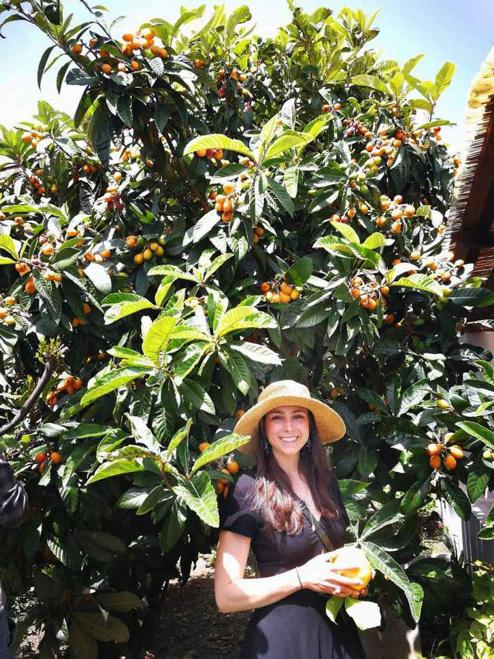 girl in sunhat and black dress smiling in front of lemon tree in Sicily