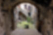 view from inside an arch made of ancient stone with a staircase covered in plants in Santa Stefano di Sessanio in Abruzzo, Italy