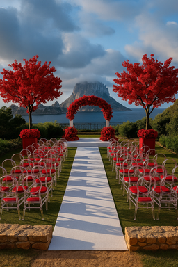 Artfully curated destination wedding ceremony in Ibiza with bold red floral installations and modern aisle design, created by Alera for bespoke luxury weddings.
