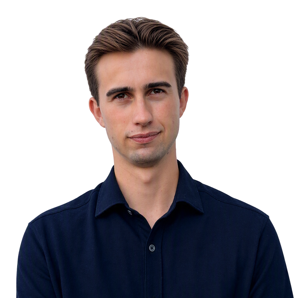 Portrait of a young man in a dark navy shirt on a clean white background, centered, portrait aspect ratio.