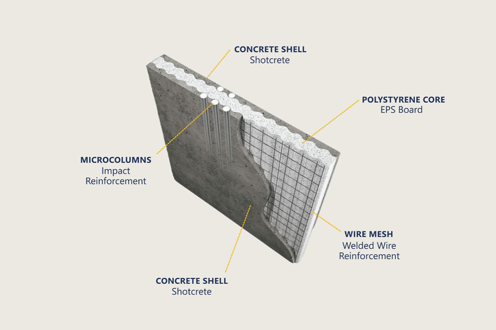Close-up view of SCIP panel cross-section showing foam core and metal facings