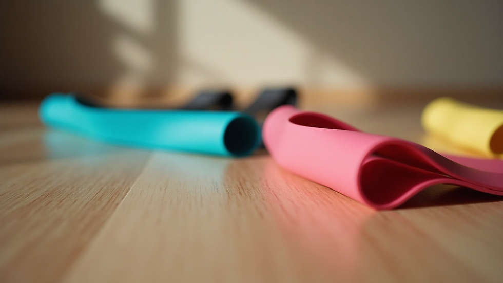 Close-up view of resistance bands in different colors laid out on a wooden floor
