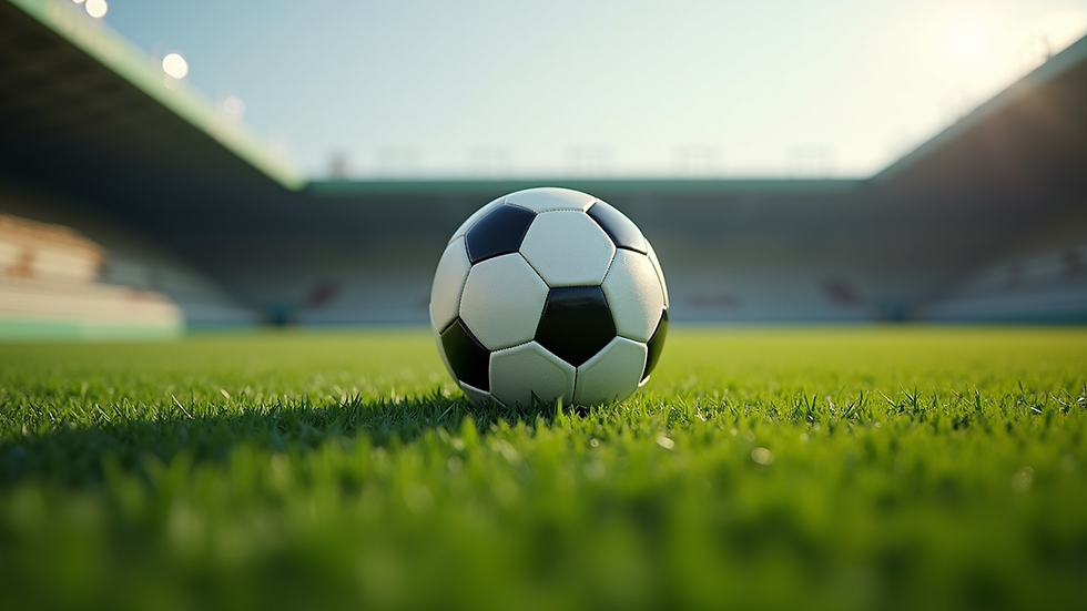 Eye-level view of a soccer ball on a green field ready for a match