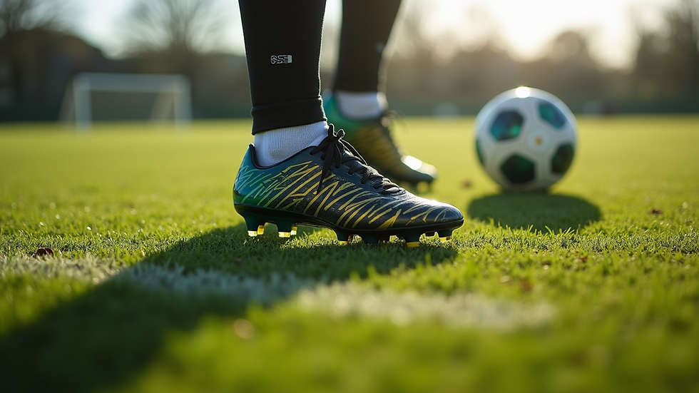 High angle view of a soccer cleat and ball on a grass field during training