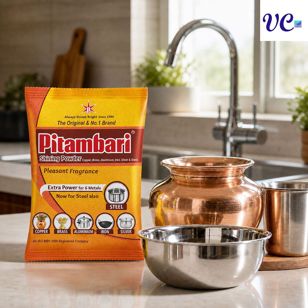 Close-up view of shiny copper utensils cleaned with Pitambari powder