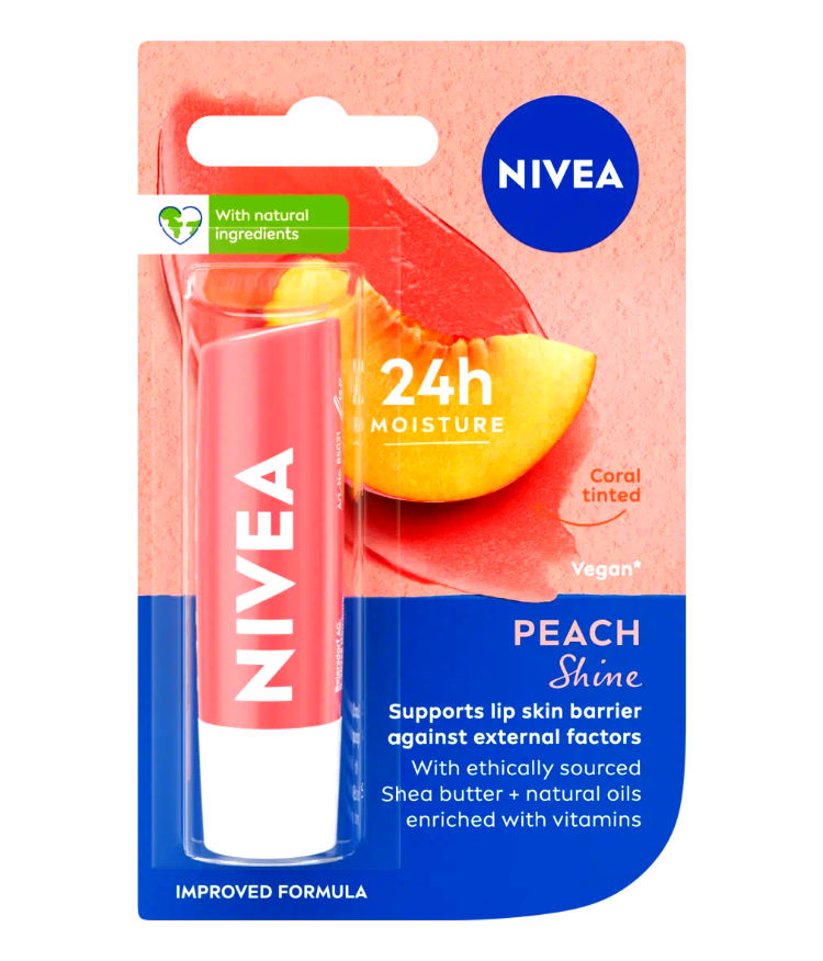 Nivea 24H Caring Lip Balm with Natural Oils, Peach Shine 4.8g