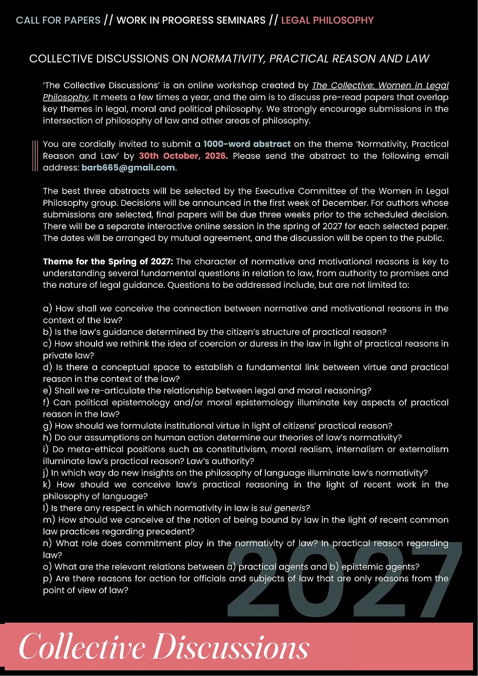 CFP: Collective Discussions on Normativity, Practical Reason and Law
