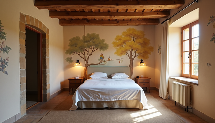 High angle view of a room interior with hand-painted murals and wood-beamed ceiling at Dimora Petrucci