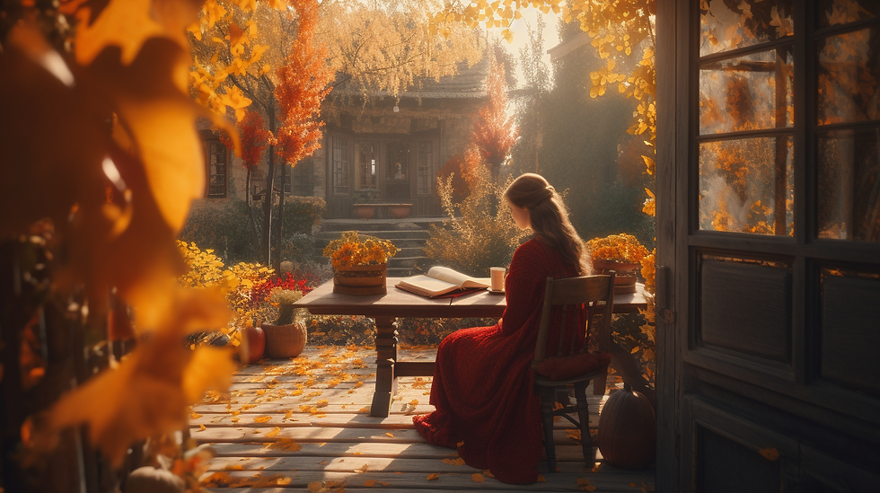 秋の庭で赤いドレスの女性が本を読む静かな風景