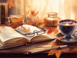 本とコーヒーが並ぶ机に秋の葉が散る静かな情景