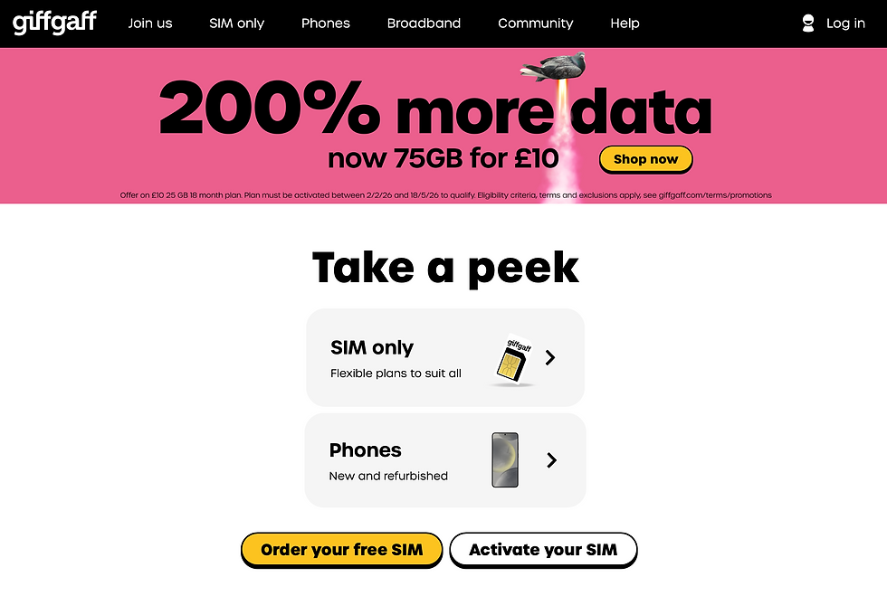 Screenshot from Giffgaff website