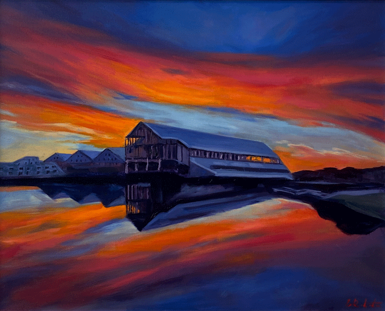 Oil painting of vibrant maritime landscape, with blue and orange colours