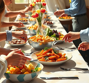 several hands serving food over buffet table for spring dinner.jpg