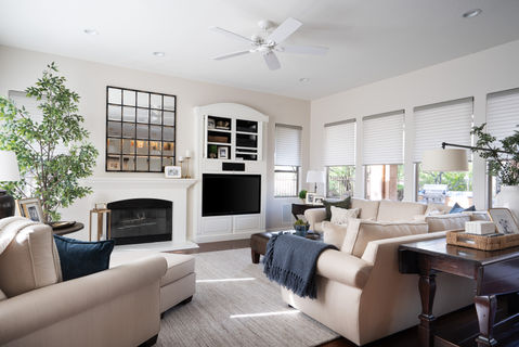 Pottery Barn, Pearce Sectional, Hunter Douglas Sonnette Cellular Roller Shades. Crate & Barrel, Eagan Mirror Bronze, Fine Grain by Dunn Edwards, Sunbrella Sahara Weave Oatmeal , Rimini Wool area rug 10x14, Faux Ficus Tree 8', Neena Pillar brass, 