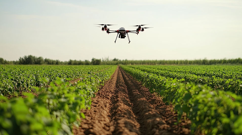 Drone monitoring crop health on a Texas farm.