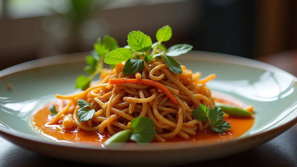 Close-up view of a beautifully plated Thai fusion dish