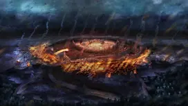 Fantasy art of a fiery city under siege at night