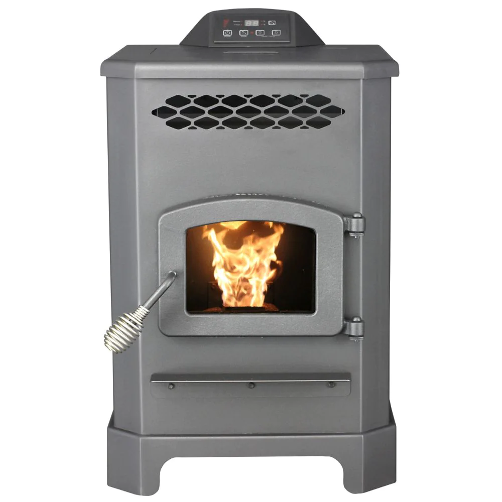 pellet stove with fire burning in it