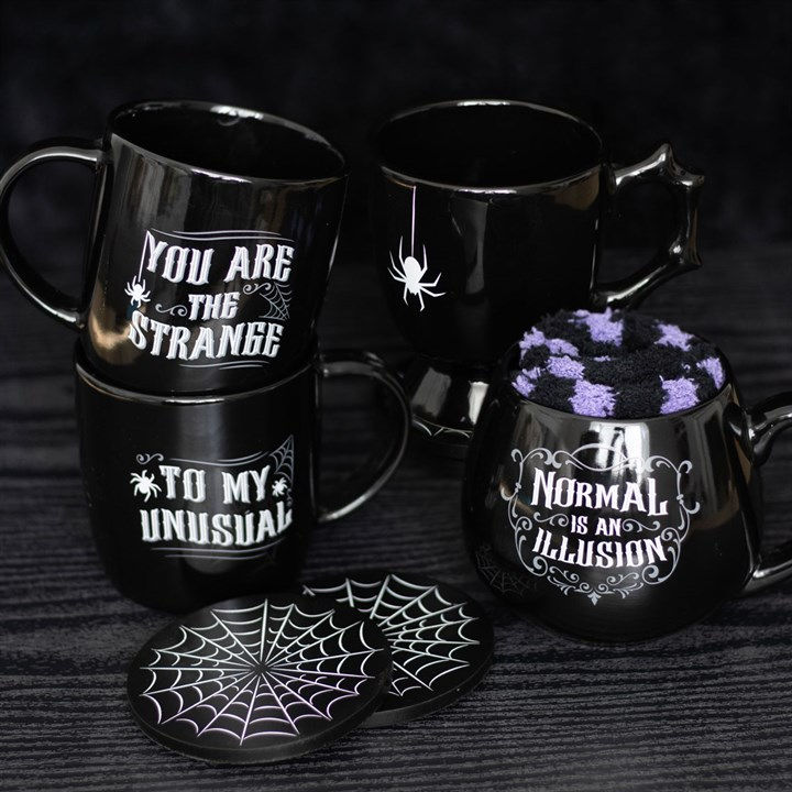 Thumbnail: Spooky black mugs with spider and text