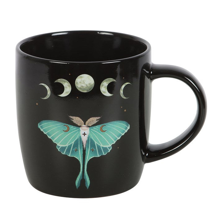 Thumbnail: Black mug with moon phases and Luna moth design