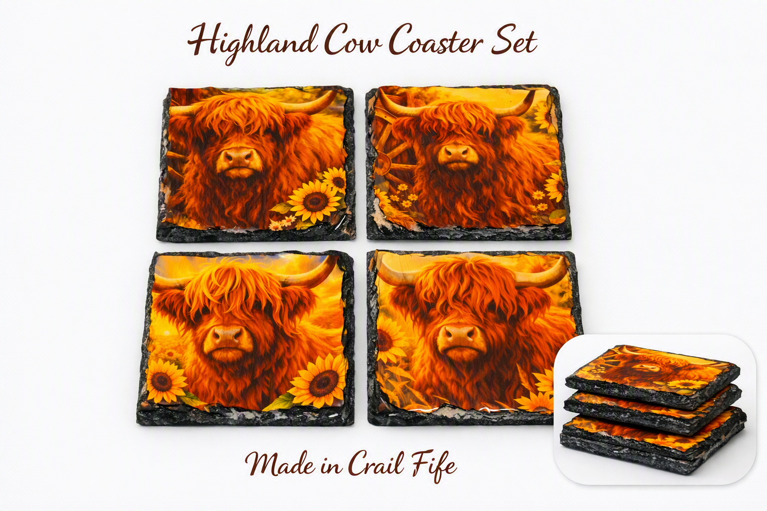 Set of 4 Gloss Slate Highland Cow Sunflower Coasters