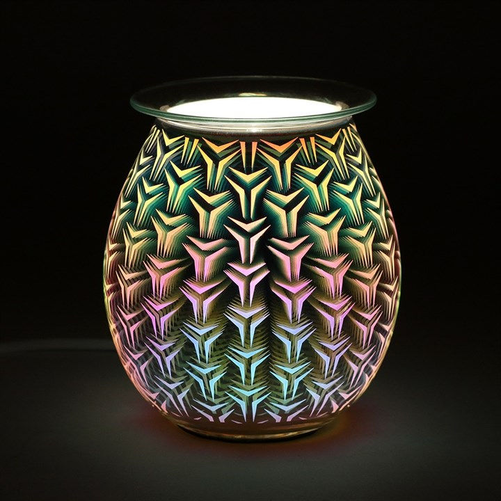 Illuminated oil burner with colorful geometric pattern
