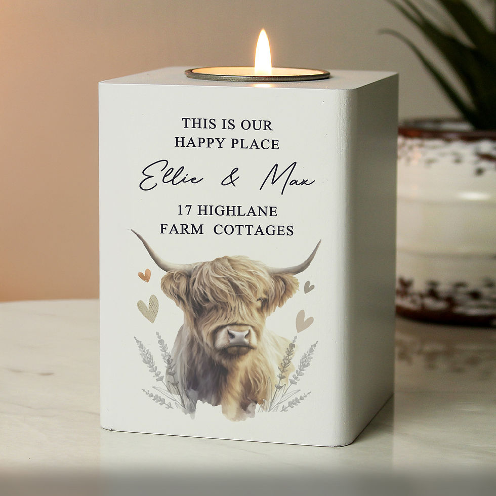 Thumbnail: Highland cow candle holder: "This is our happy place, Ellen & Mom, 11 HighLane Farm Cottages"