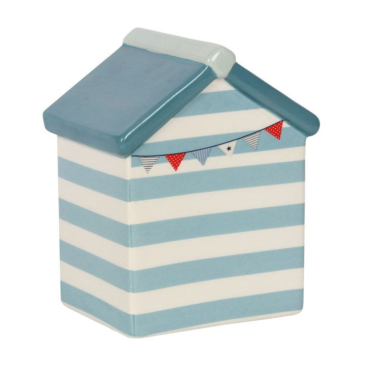 Blue and white striped beach hut ceramic canister