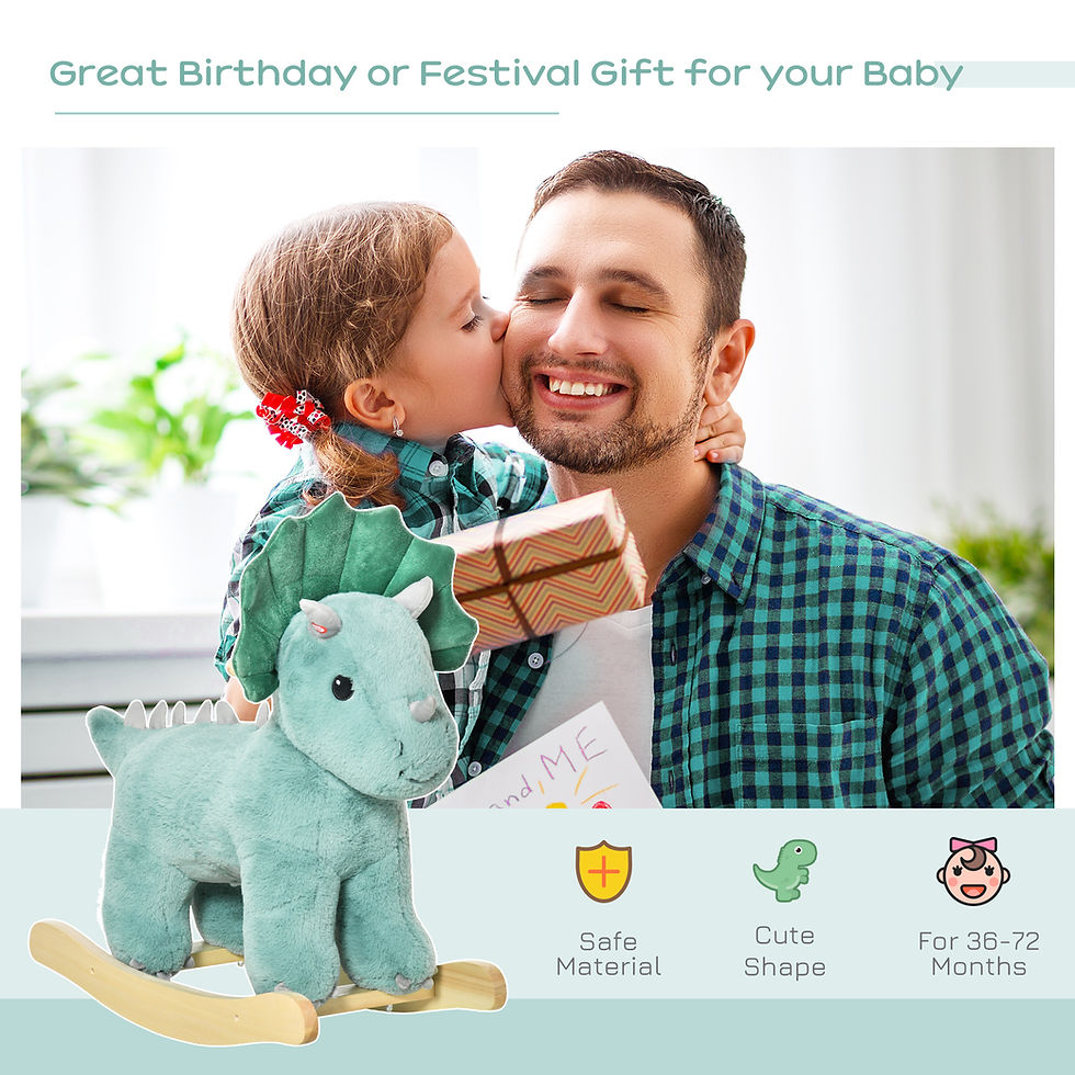 Thumbnail: Child kisses dad near teal dinosaur rocking horse