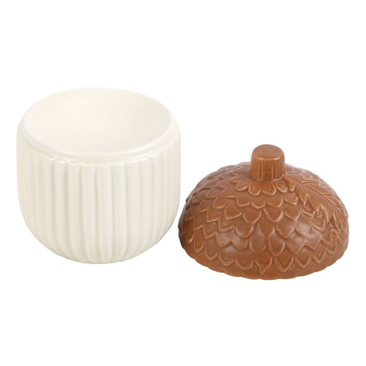 White ceramic acorn oil burner with brown lid