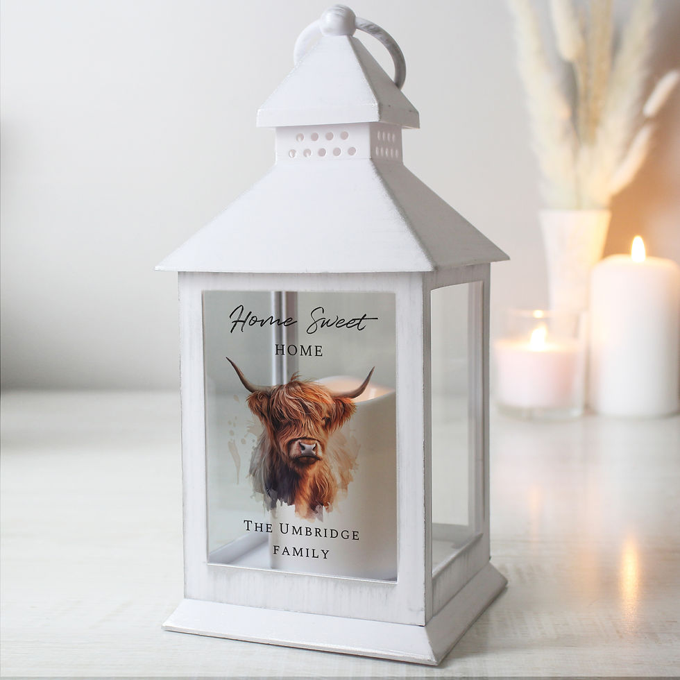 Thumbnail: White lantern with Highland cow image and "Merry Sweet Christmas" text