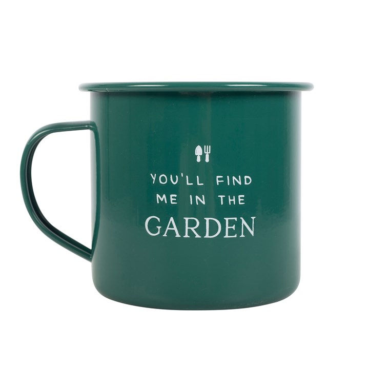 Thumbnail: Green metal mug: You'll find me in the garden