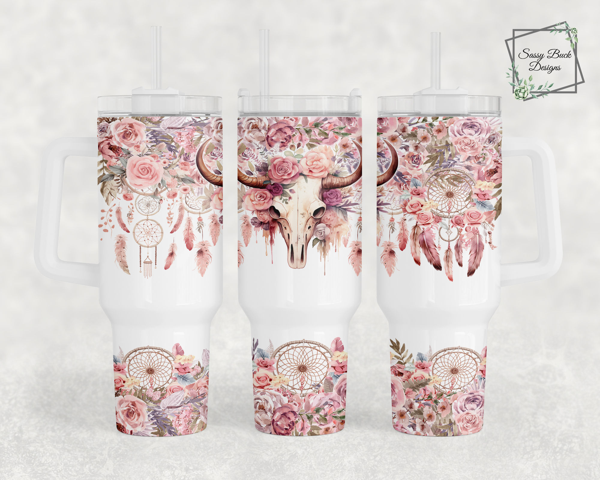 Pink Boho Dreamcatcher Bull Skull 40 oz Tumbler
