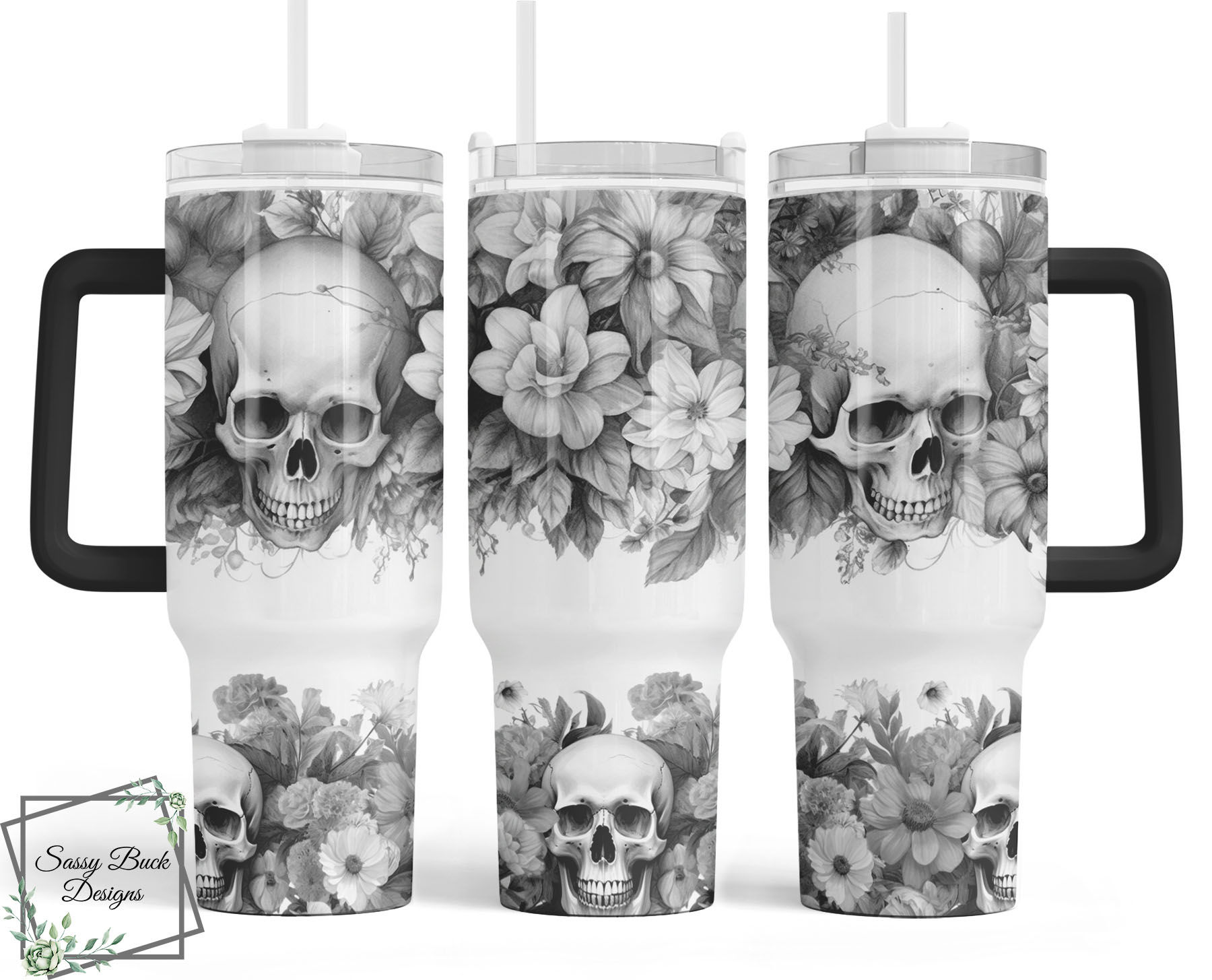 Black White Skull Floral 40oz Tumbler