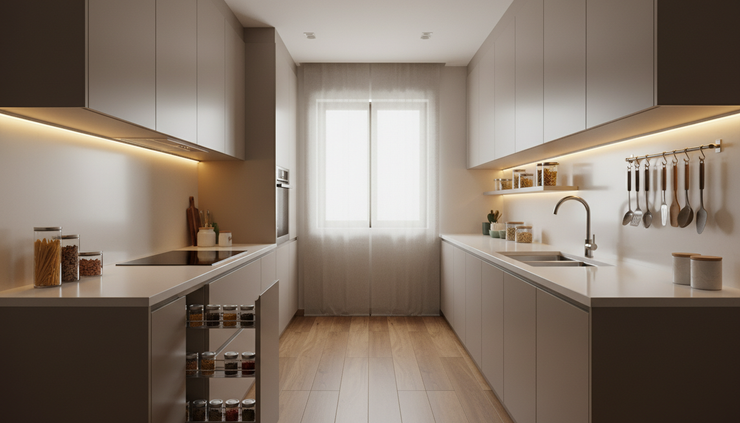 Eye-level view of a parallel modular kitchen with organised counters and soft under-cabinet lighting