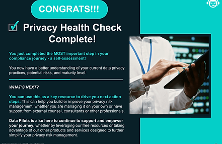 Screenshot image of the page of the Privacy Health Check showing the final page that says Congrats in all capital letters with a checked box below with “Privacy Health Check Complete”. This page has text on the left providing detailed information and a box on the right with an image of a man in a white shirt holding a tablet in his left hand and appearing to use the tablet with his right hand.