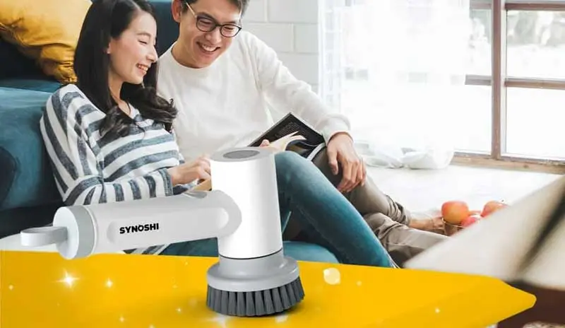 Synoshi Spin Power Scrubber, a versatile and powerful cleaning tool with interchangeable brush heads.