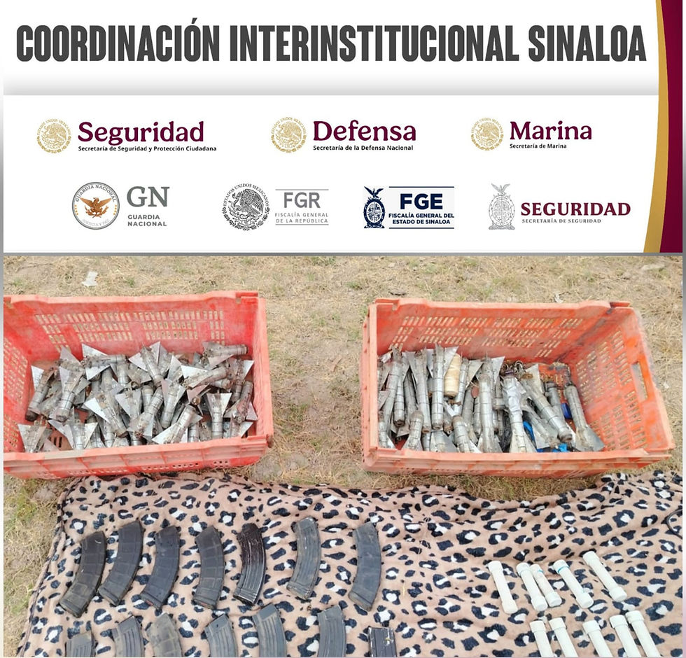 Durante operativo implementado tras agresión a la autoridad en Escuinapa, el Grupo Interinstitucional localizó un campamento donde aseguró artefactos explosivos, armas largas, cargadores y cartuchos
