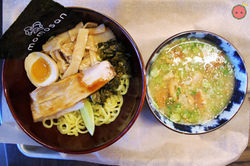 Tsukemen Ramen - Pork cashu, aji-tama, menma, takana, toasted nori, garlic oil, soy tare, lime in to