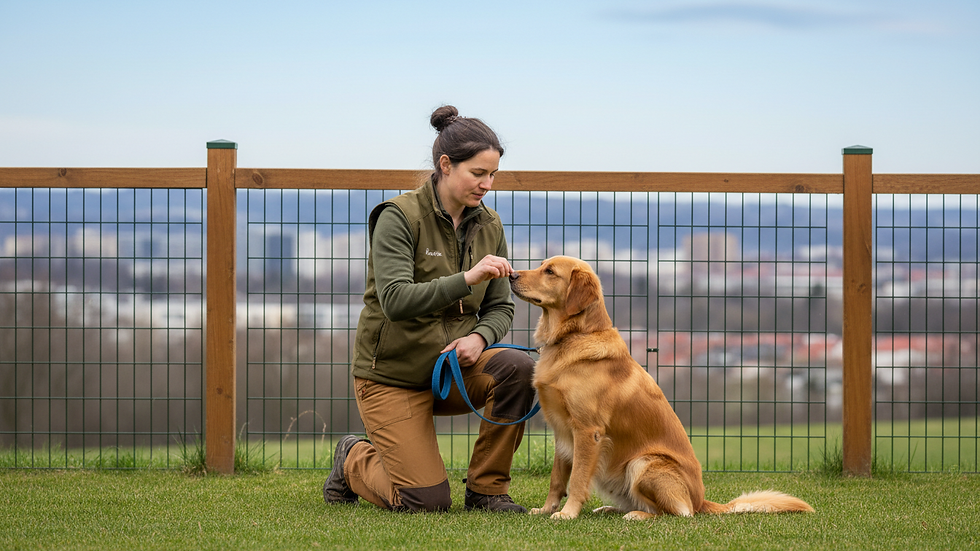 Eye-level view of a dog trainer working with a dog in a fenced yard